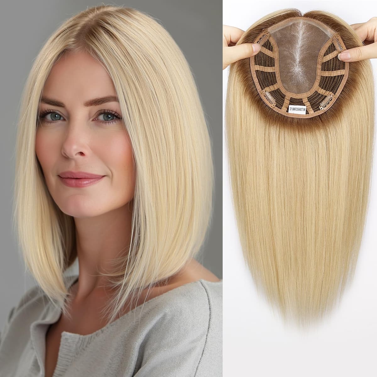 Topart Large MONO Top Toppers Mujer Remy 14 Inch 6x7 Big Base Sin Flequillo - Light Blonde Mixed Brown HTMN9002-4BL15