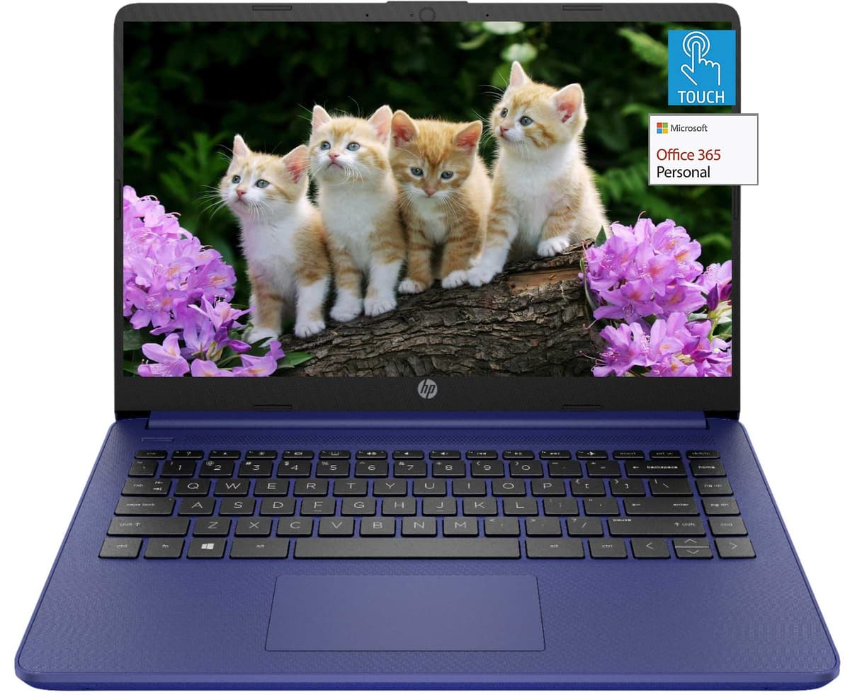 HP 14" con pantalla táctil, Intel Dual-Core N4020, 16 GB RAM, 192 GB de almacenamiento (64 GB eMMC + 128 GB Micro SD), cámara web, 1 año de Office con accesorios (azul)
