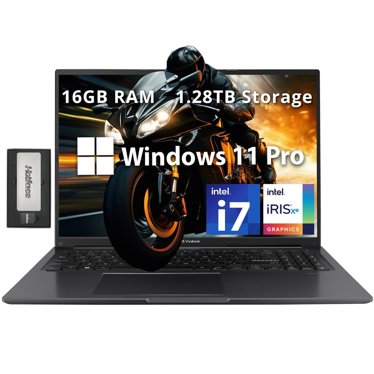 ASUS Vivobook 16" WUXGA para Negocios, Intel i7-1355U, 16GB RAM, 1.28TB de Almacenamiento (1TB SSD + Set de Estación de Acoplamiento de 288GB), Gráficos Intel Iris Xe, Teclado Numérico, Webcam 720p, WiFi 5, Windows 11 Pro, Negro
