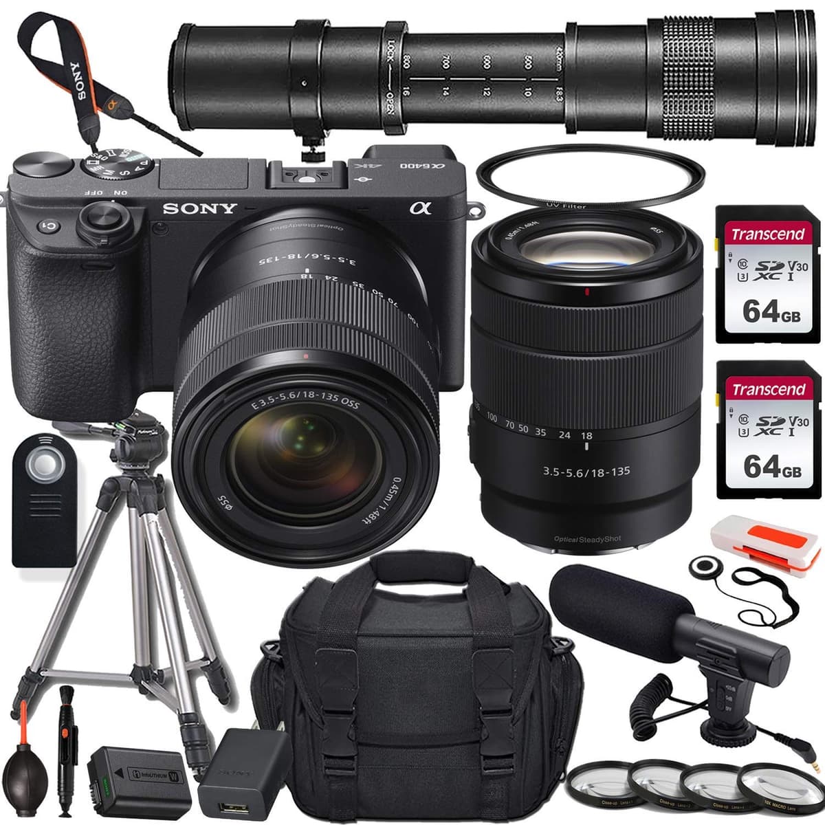 Sony Alpha a6400 Mirrorless Digital Camera con 18-135mm y 420-800mm Teleobjetivo + 2x64GB, Filtros, Micrófono, Trípode y Accesorios (Renewed) CC_a640018135-1007-cr