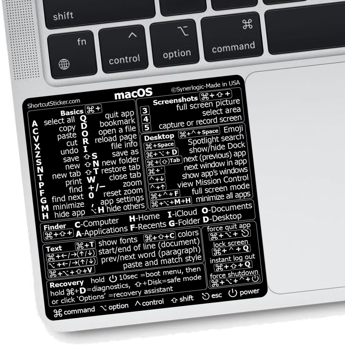 Synerlogic (1000 unidades) Pegatinas de Atajos de Mac OS | Pegatinas de Teclado para macOS | Vinilo Laminado Hoja de Trucos para MacBook | Atajos MacBook 2025 (Negro/1000 pk) SCS-M-BK2