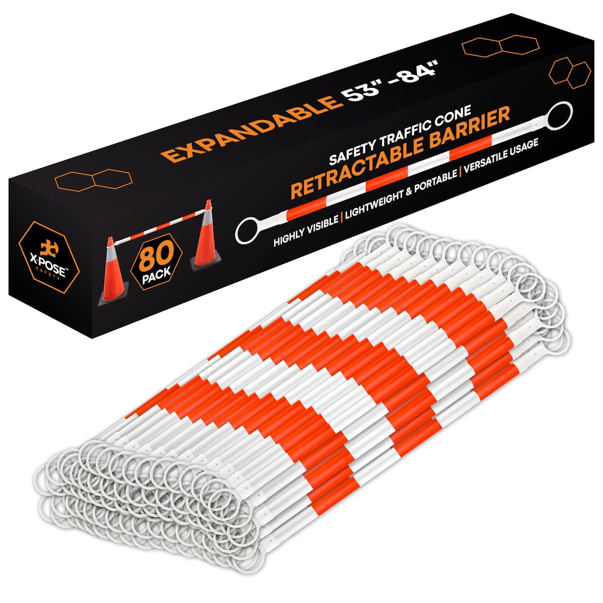 Xpose Barrera Retráctil Reflectante de Seguridad para Conos de Tránsito - Paquete de 80, Naranja/Blanco, Expandible 53"-84" para Construcción, Estacionamiento y Control de Multitudes CBY-CBO-PARENT