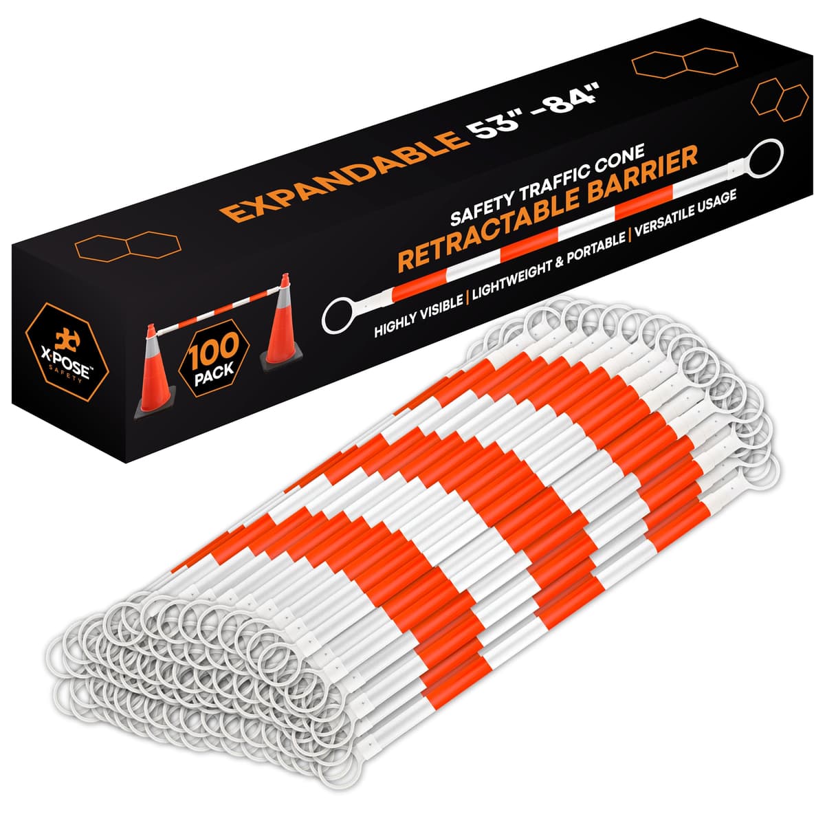 Barrera retráctil reflectante de seguridad Xpose para conos de tránsito - Paquete de 100, naranja/blanco, expandible 53"-84" para construcción, estacionamiento y control de multitudes CBY-CBO-PARENT
