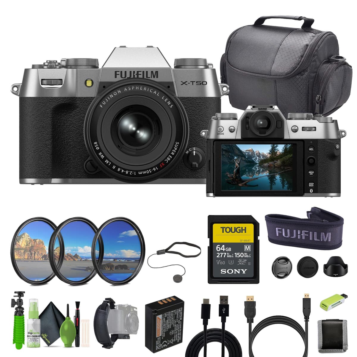 Fujifilm X-T50 Mirrorless con lente XF16-50mm f/2.8-4.8 (Plata) + 64GB UHS-II y accesorios 16828595-AG2