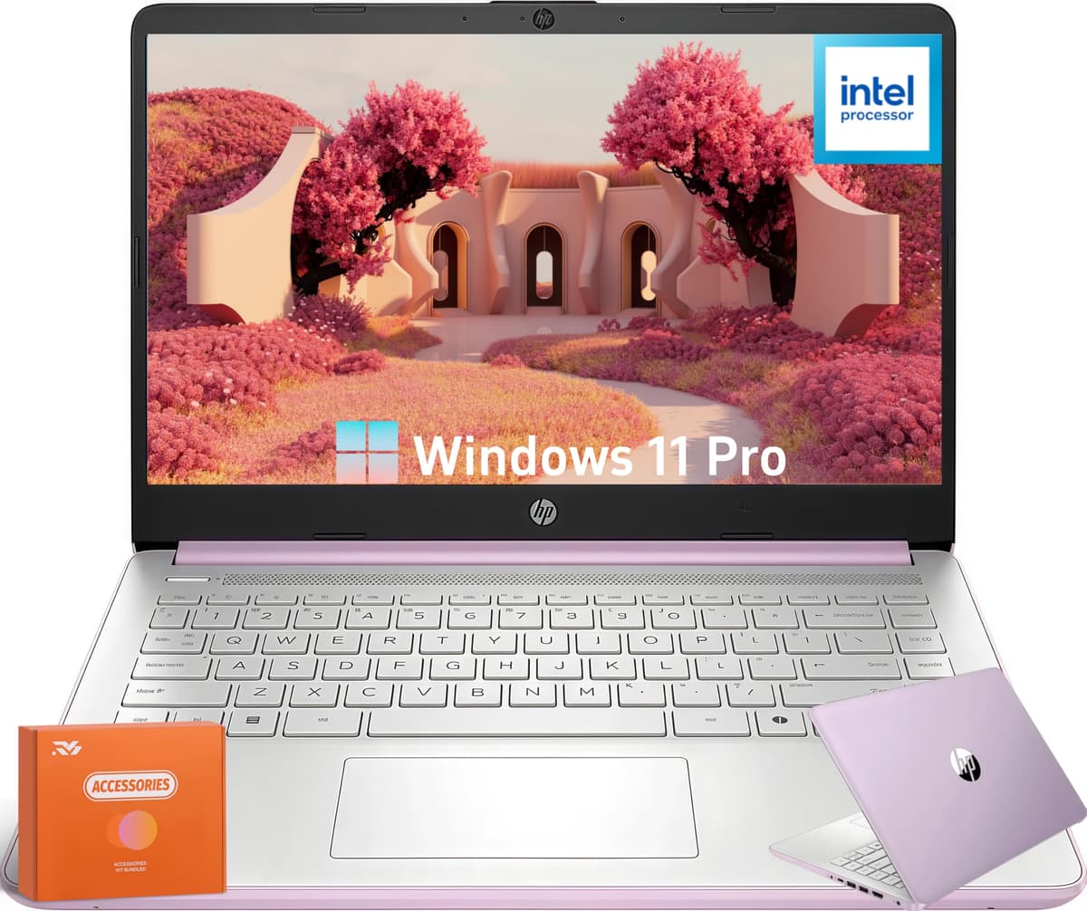 HP 2025 Laptop AI de 14", Intel N150 de 4 núcleos (mejora N4120), 16 GB RAM, 384 GB de almacenamiento (128 GB UFS + 256 GB microSD), ultraligero, webcam, Wi-Fi, HDMI, Windows 11 Pro y Microsoft Office 365, Honey Lavender HP 14 Inch Laptop