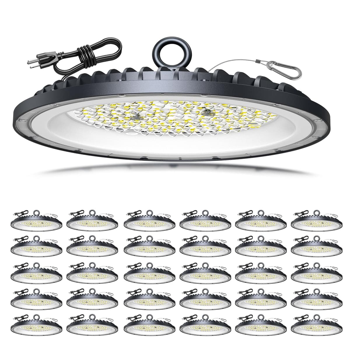 AIKVSXER 300W UFO LED High Bay 45000LM 6000K IP65 con cable y enchufe - Pack 30 ZR-UFOZX-300W-BK-30P