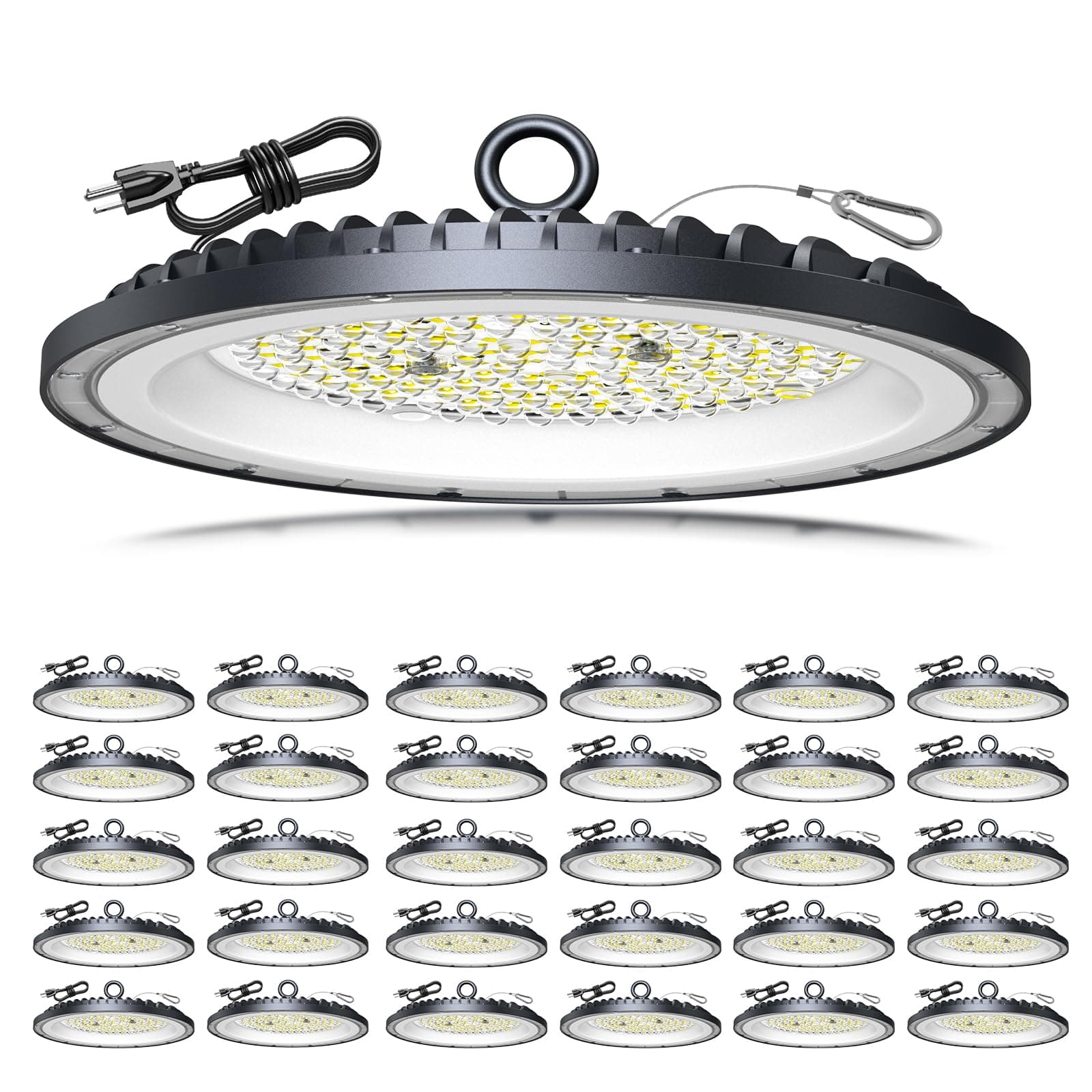 AIKVSXER 300W UFO LED High Bay 45000LM 6000K IP65 con cable y enchufe - Pack 30 ZR-UFOZX-300W-BK-30P