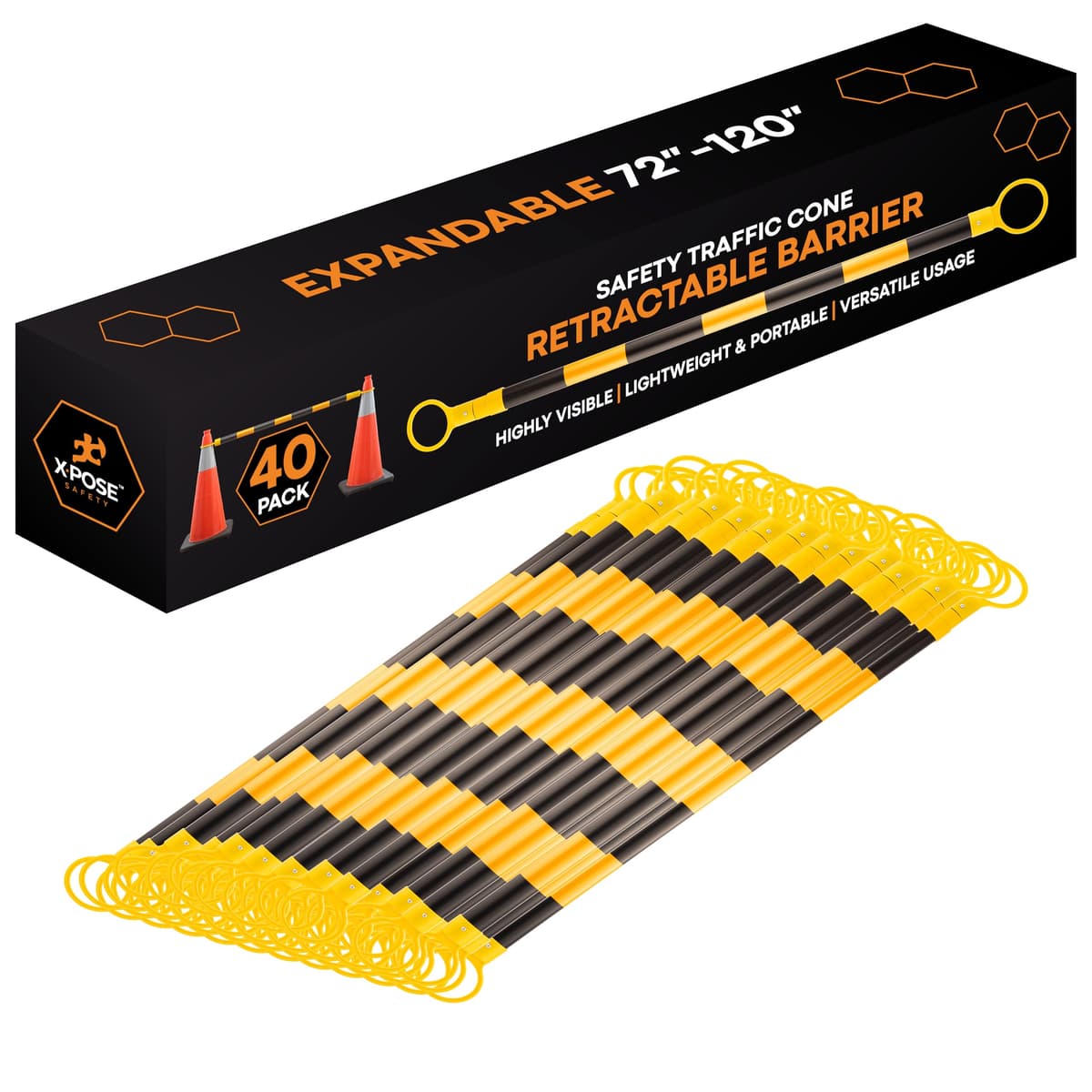 Barrera retráctil reflectante de seguridad Xpose para conos de tránsito - Paquete de 40, Amarillo/Negro, Expandible 72"-120" para construcción, estacionamiento y control de multitudes CBY-CBO-PARENT