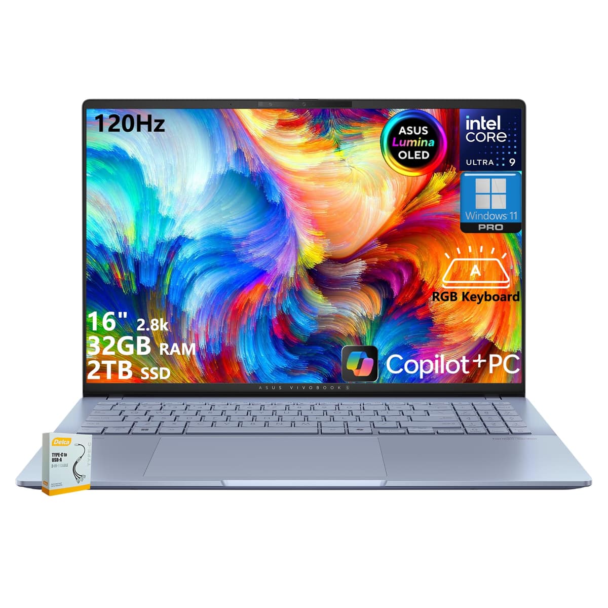 ASUS Vivobook S16 AI PC Laptop | 16\" 2.8k OLED 120Hz | Intel Core Ultra 9 285H | 32GB RAM 2TB SSD | RGB Backlit for Creator Designer Business Professional Win11 Pro w/DLCA Accessory Intel Core Ultra 9 Processor 285H