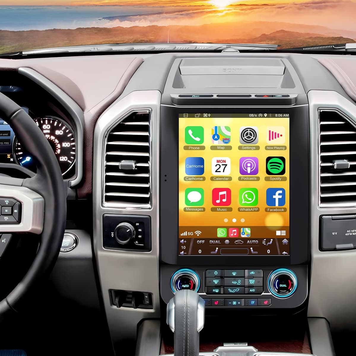 electrosmart Radio para auto Android 14 4+64, 12.1" IPS con pantalla táctil, 8 núcleos, CarPlay/Android Auto inalámbricos, GPS, WiFi, Bluetooth, FM, DVR para Ford F150 2015-2020