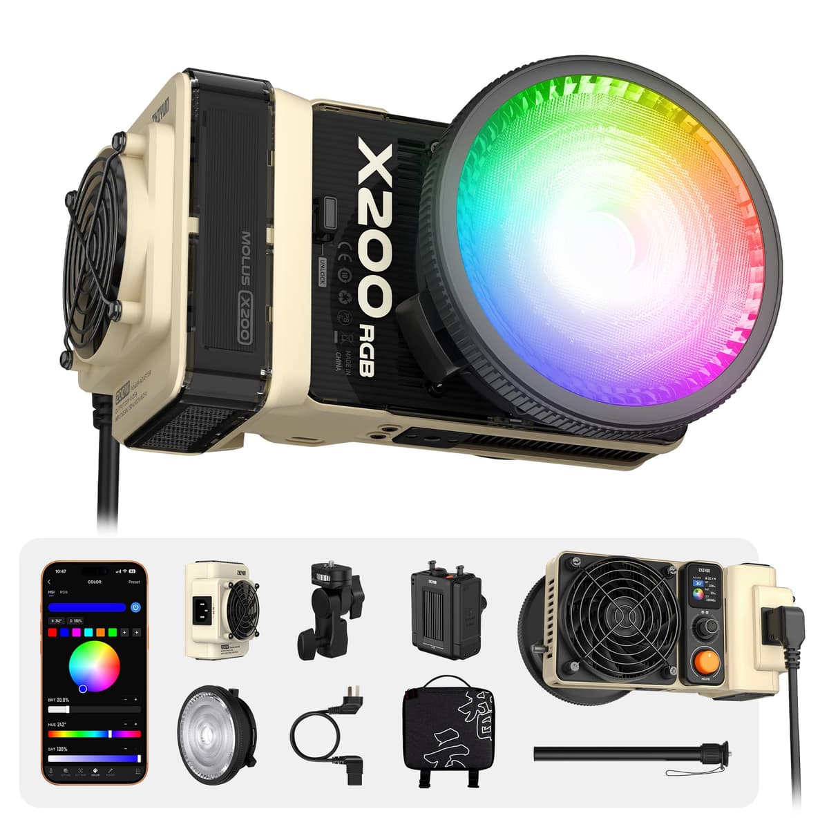 ZHIYUN MOLUS X200 RGB 200W luz continua portátil Bowens (sin batería) PLX113