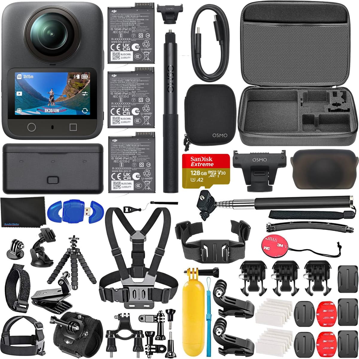 DJI Osmo 360 Adventure Combo, Cámara 360 con sensor de 1 pulgada, Vida útil extendida con 3 baterías, Bundle de video 360° nativo 8K con memoria de 128 GB, Lector de tarjetas + Kit de accesorios de 50 piezas 6937224110519_K2