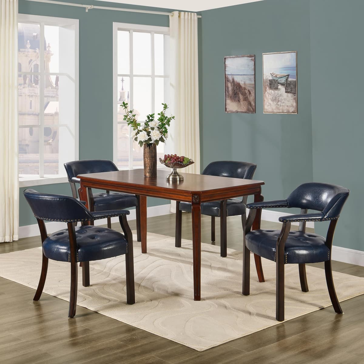 MODERION Juego de 4 Sillas de Comedor Tapizadas con Brazos, PU, Patas de Madera, Azul Oscuro NX173-318LB CY-NX173-318LB