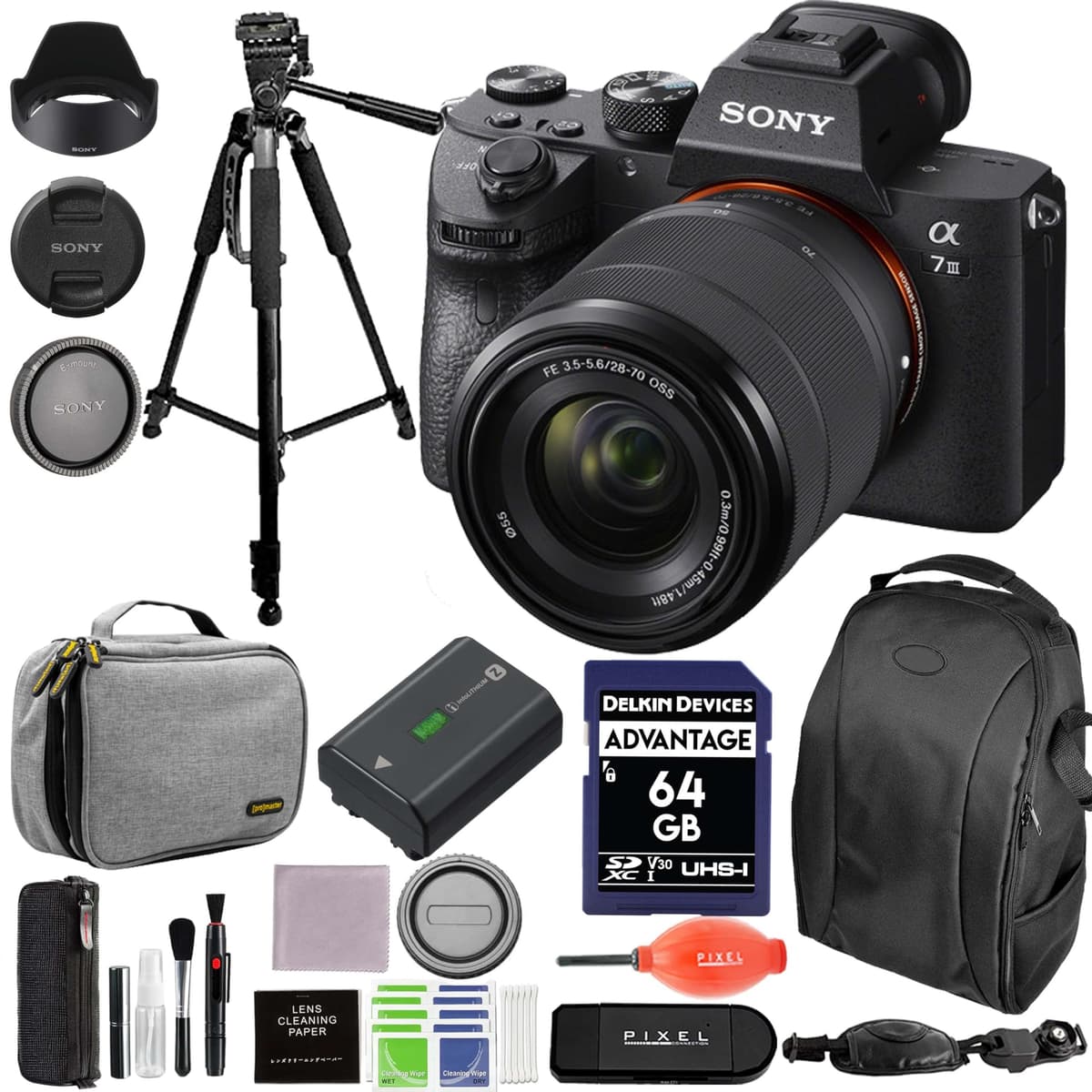 Sony a7 III (ILCE7M3K/B) Bundle con 28-70mm, mochila, estuche, trípode, 64GB SD y más SON-ILCE7M3K/B