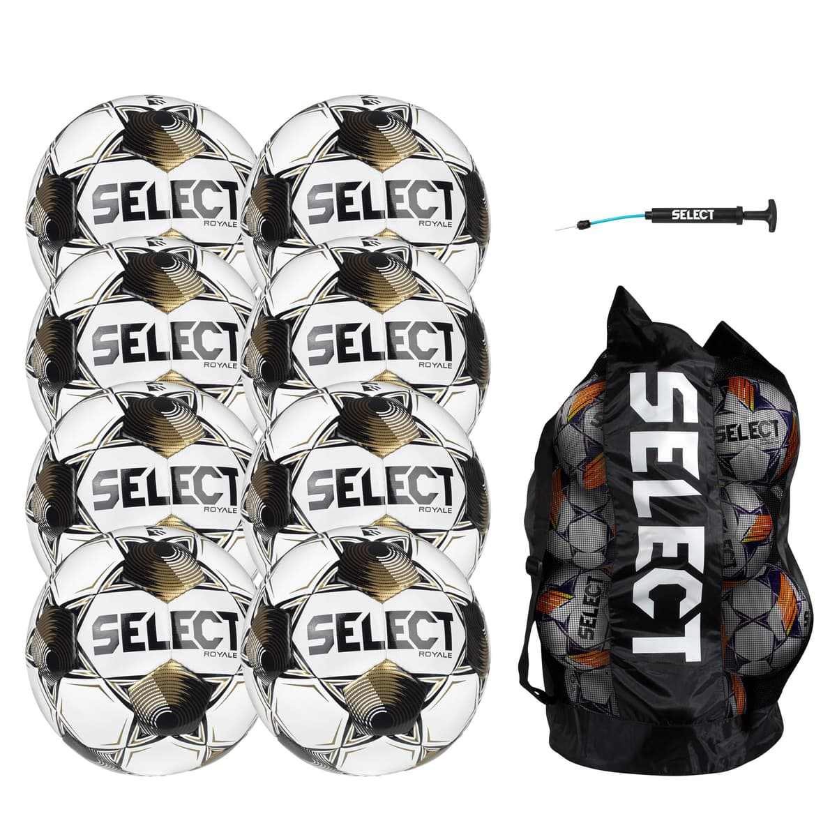 Select Royale balón de fútbol pack de 8 con bolso y bomba, blanco/negro/dorado NFHS V25, talla 5
