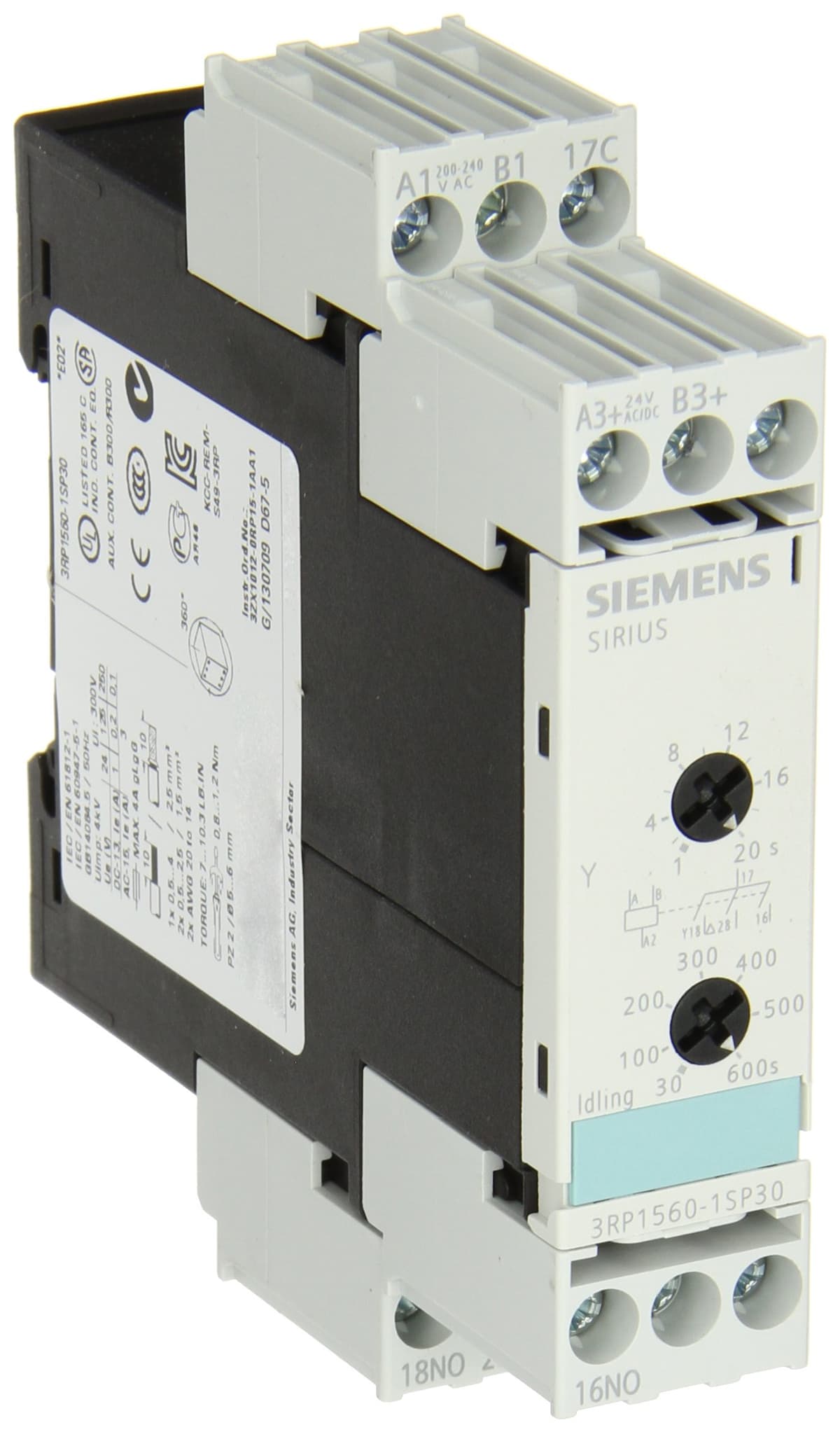 Siemens Relé temporizador estrella-triángulo 22.5mm 24V/200-240VAC 1-20s y 30-600s 3x1NO 3RP1560-1SP30