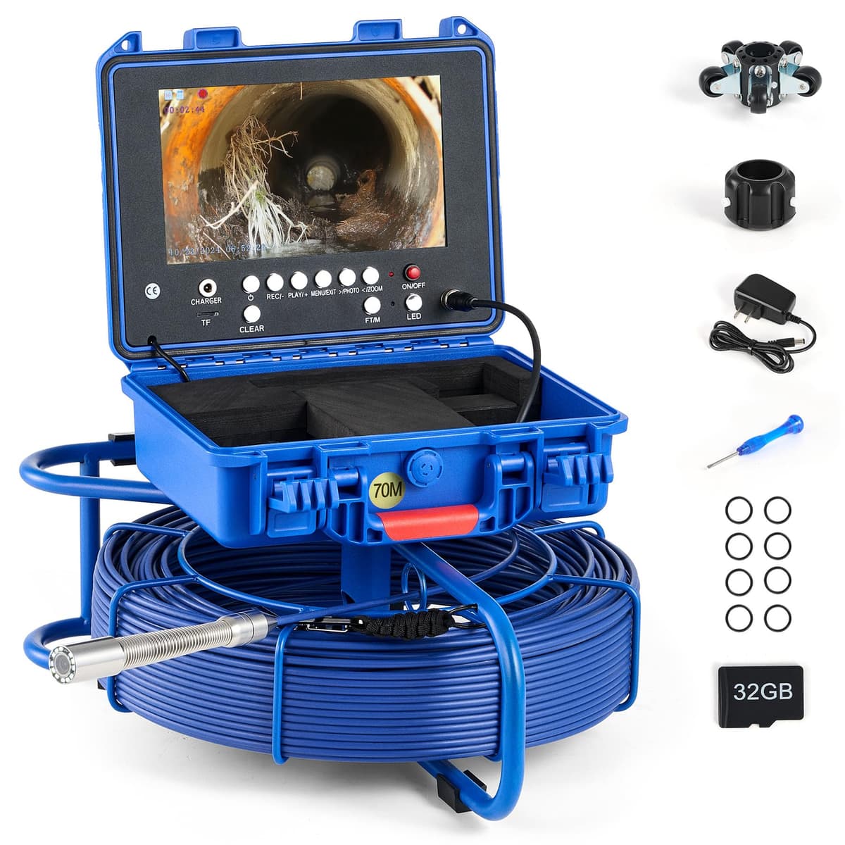 ZELCAN Cámara de Inspección de Cañerías Autonivelante 230ft - Pantalla 9" LCD, IP68, 12 LEDs, tarjeta 32GB (sin localizador) ISC0970