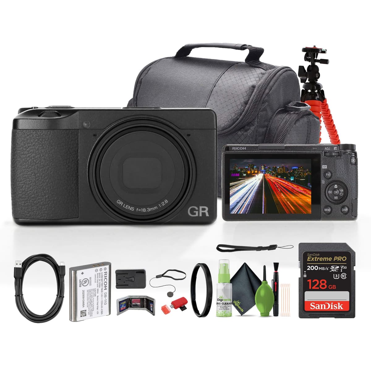 Cámara digital portátil compacta Ricoh GR III HDF (01272) + tarjeta de memoria 64GB + funda para cámara + trípode flexible + kit de limpieza + billetera para tarjetas + lector de tarjetas + tapa de lente 01272_EDI_1