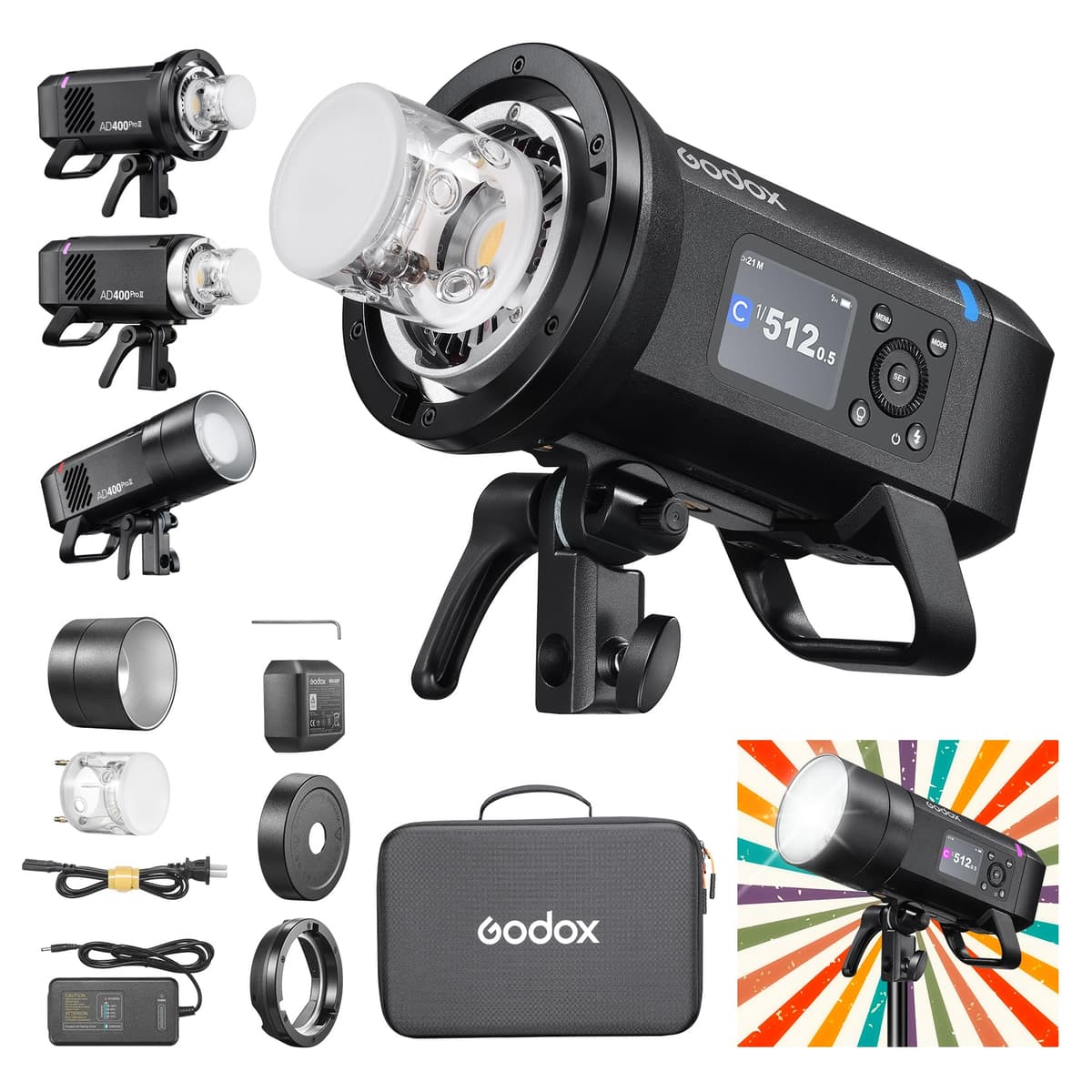 Godox AD400PROII Flash de Estudio Profesional con Montura Godox y Bowens GN72 400Ws 2.4G TTL HSS 1/8000S 5600K±200K 21.6V/2600mAh Tiempo de Reciclado 0.01-1s Lámpara de Modelado 30W para Fotografía de Retrato/Producto