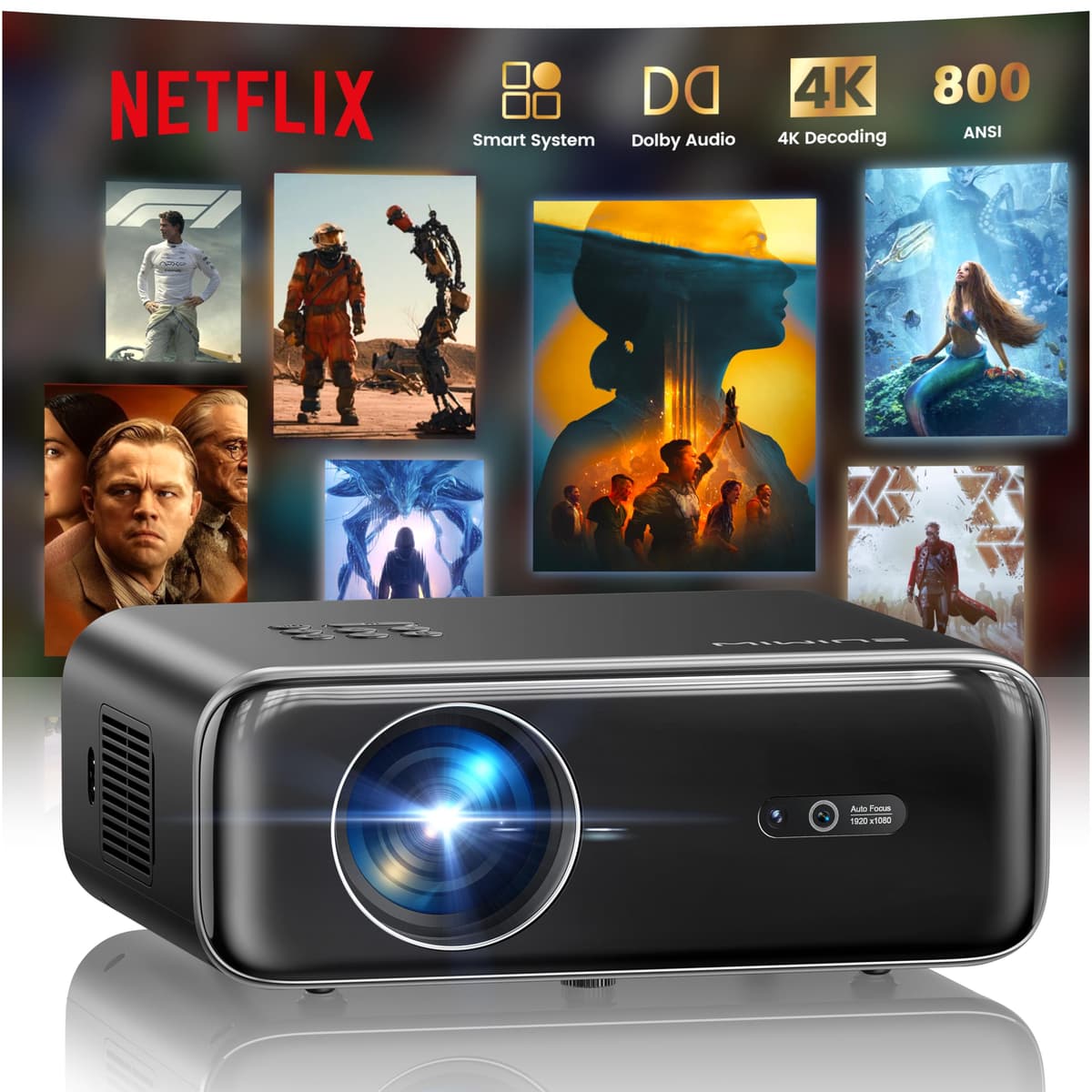 WiMiUS [Aplicaciones Oficiales Integradas/Soporte 4K] Proyector Inteligente Outdoor con WiFi y Bluetooth, Proyector de Películas 800 ANSI, Audio Dolby con Altavoces Dobles, Autoenfoque con YouTube y Prime Video, Proyector Upgrad P62 Pro