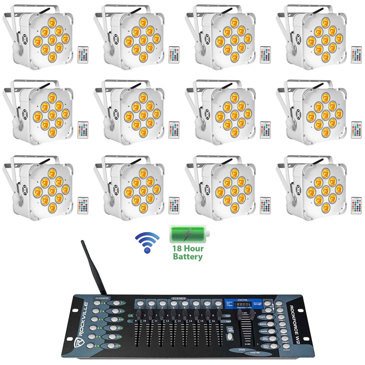 Rockville Pack 12 BEST PAR 60 White RGBWA+UV + ROCKFORCE W2 Controlador Wireless DMX (12) BEST PAR 60 White+ROCKFORCE W2