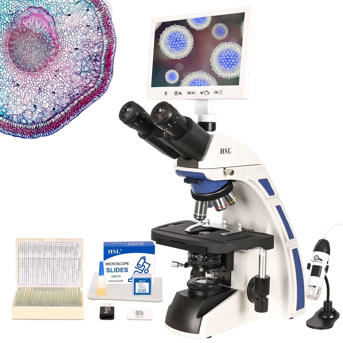 HSL Microscopio Trinocular Compuesto 9" LCD Digital - Kit Profesional (40x-1000x) HSL-001