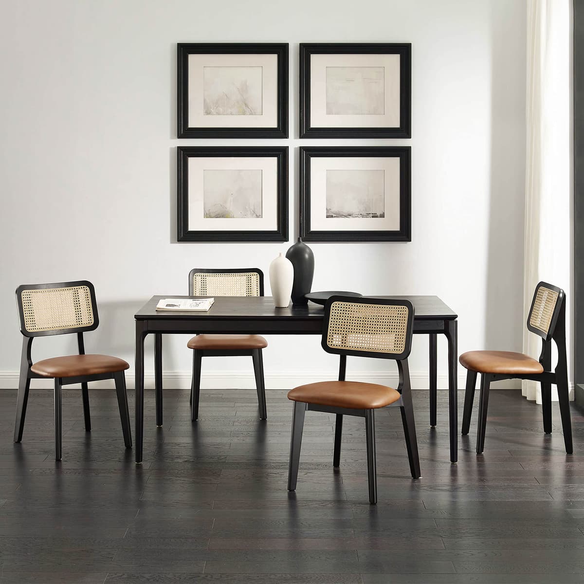 Art Leon Juego de 4 sillas de comedor en ratán y cuero - Estilo mid century, marco de fresno CC060