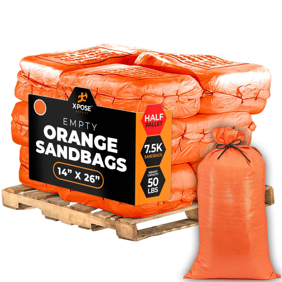 Xpose Safety sacos de arena vacíos 14" x 26" 50 lb, polipropileno resistente, naranja, paquete medio pallet 7,500 SBO-1426-HP7500-X