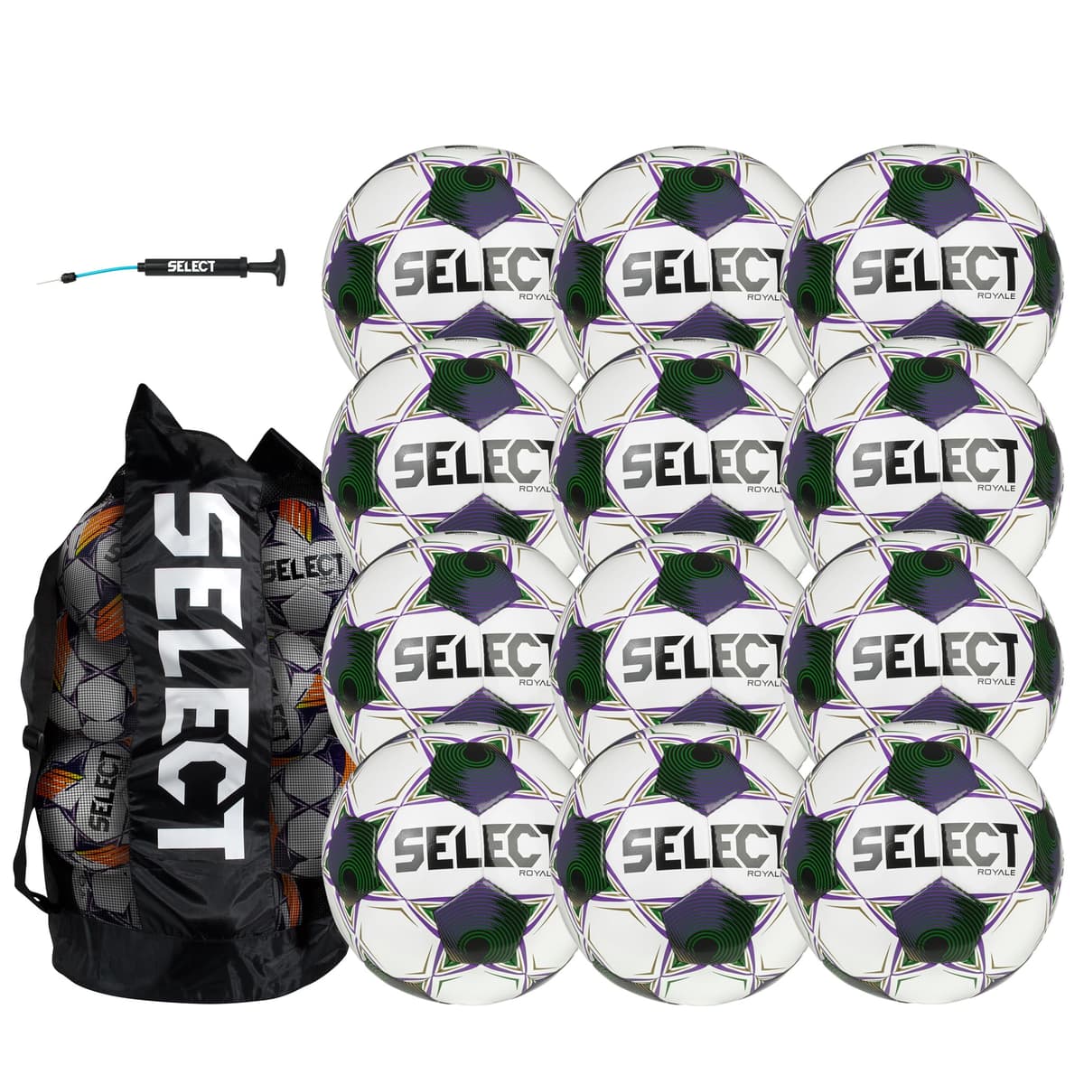 Select Royale balón de fútbol pack de 12 con bolso y bomba, blanco/púrpura/verde V25, talla 5