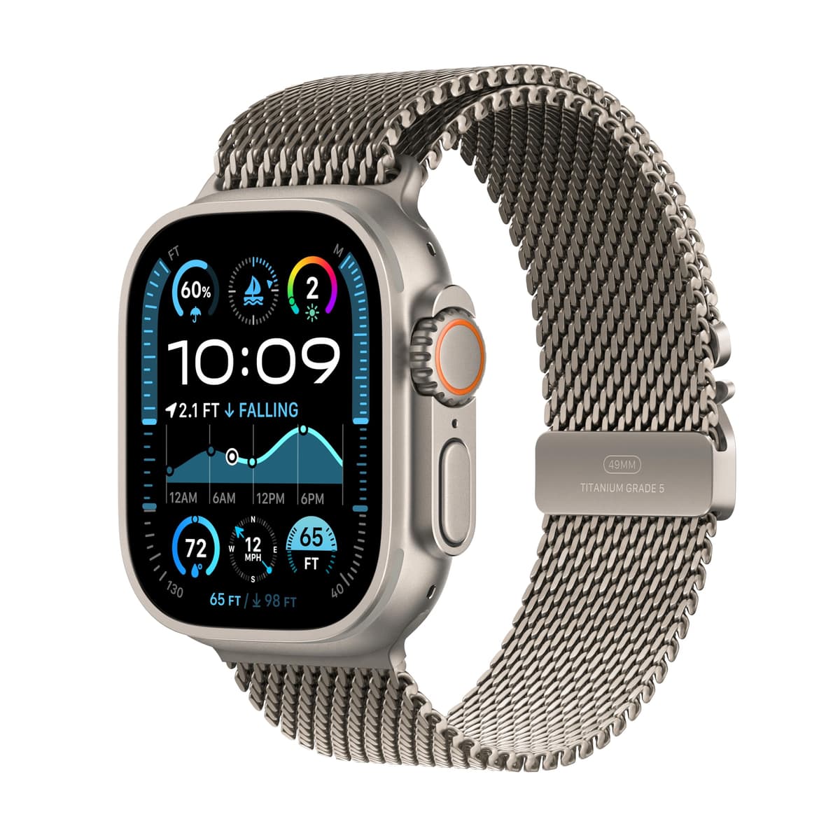 Apple Watch Ultra 2 [GPS + Cellular, 49 mm] Caja de titanio natural con correa milanesa de titanio natural, tamaño mediano (reacondicionado) MX5T3LW/A
