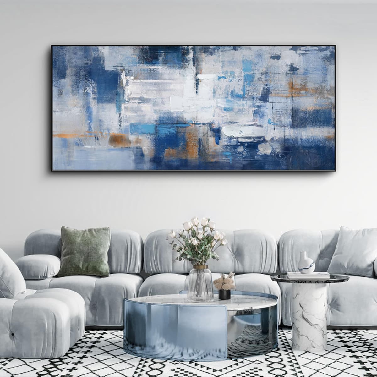 KLAKLA Arte de pared abstracto grande azul marino - Lienzo enmarcado 86x39 pulgadas
