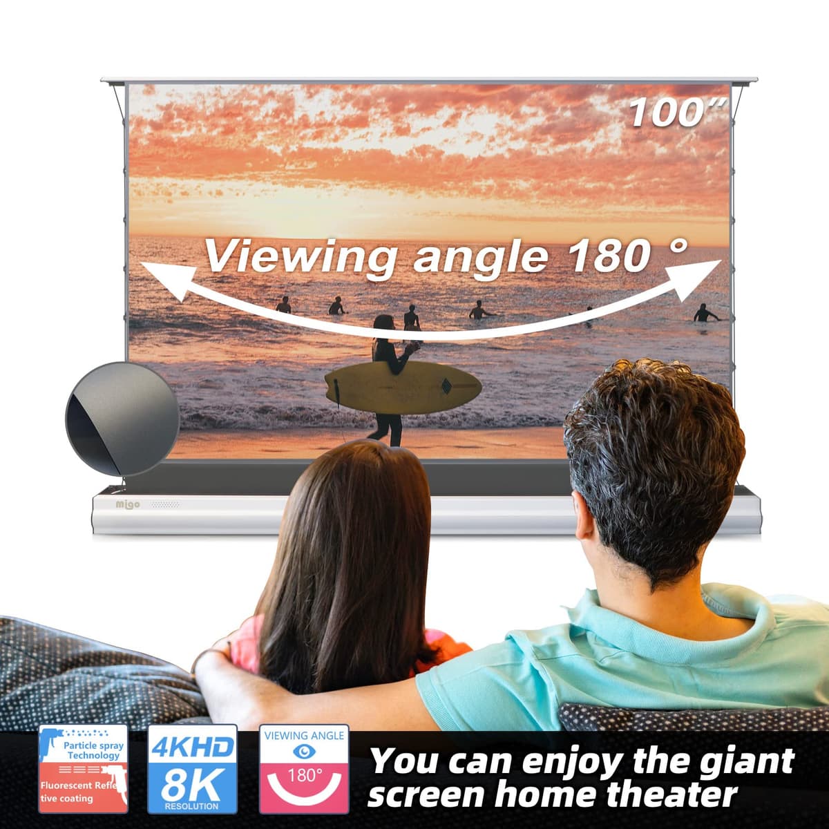 MIGO Pantalla de proyector portátil blanca 100 inch con soporte y rechazo de luz ambiental (ALR) 100 inch white