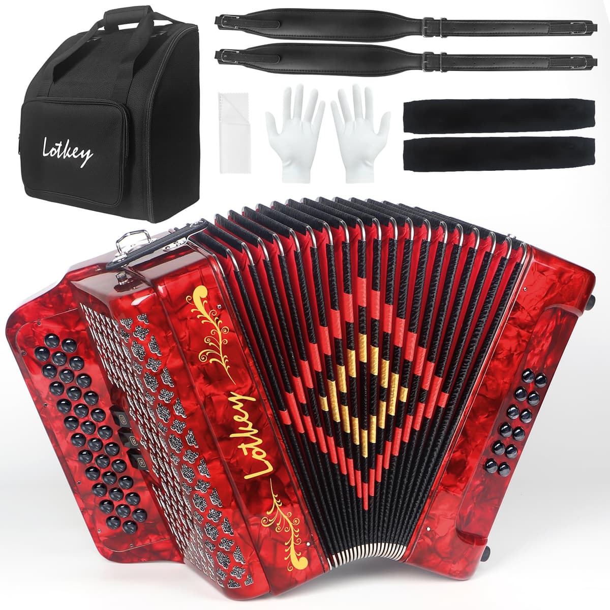 Acordeón diatónico Lotkey 34 teclas y 12 bajos, cuerpo en celluloid (GCF Red) MI84ACCORDION
