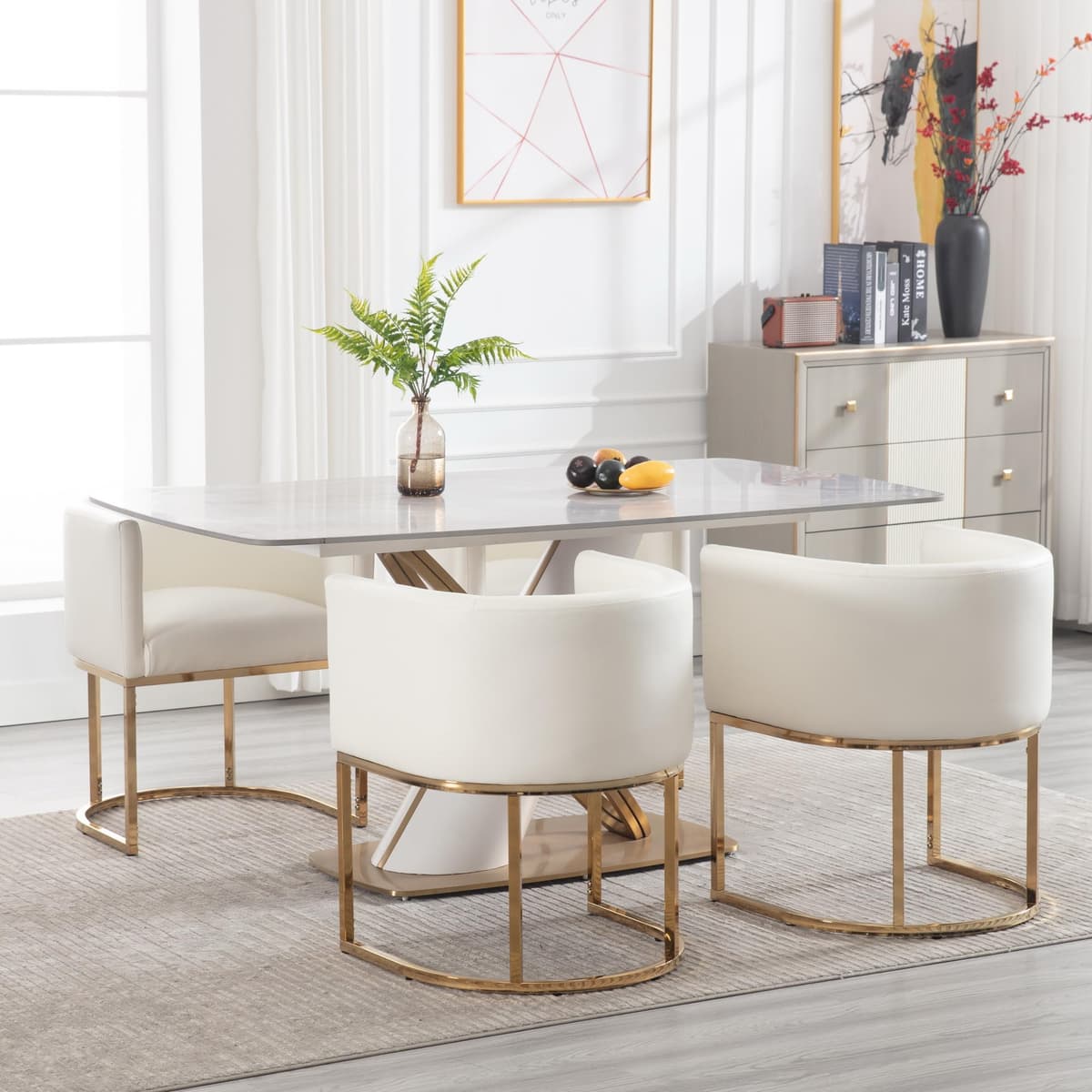 BESTANO Sillas de comedor de cuero sintético juego de 4 con base metálica dorada, 18.5" de ancho, blanco