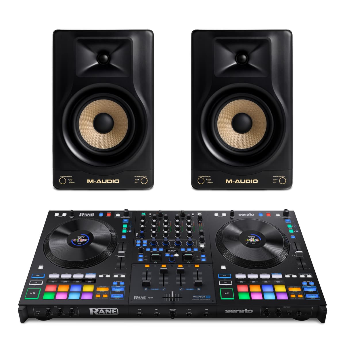 Rane FOUR DJ Controller y monitores de estudio M-AUDIO Forty Eighty - Bundle para estudio y streaming