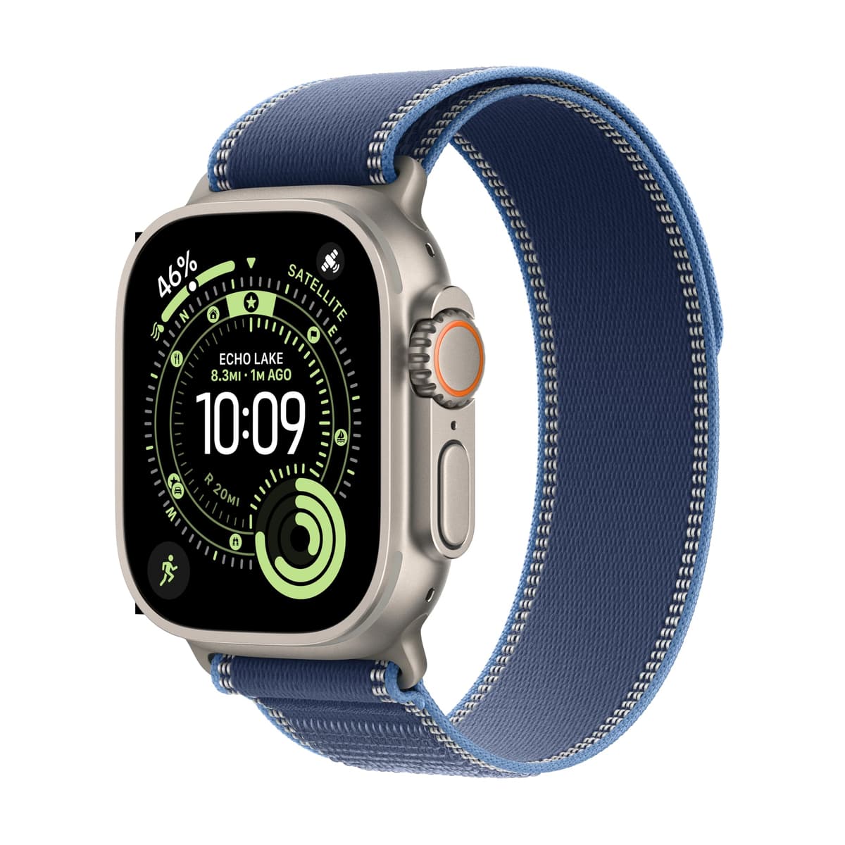 Apple Watch Ultra 3 [GPS + Cellular 49 mm] Reloj inteligente para correr y multisport con caja resistente de titanio y correa Trail Loop azul/azul brillante - M/L. Comunicaciones por satélite, seguimiento avanzado de salud y acondicionamiento físico MEWU4LW/A