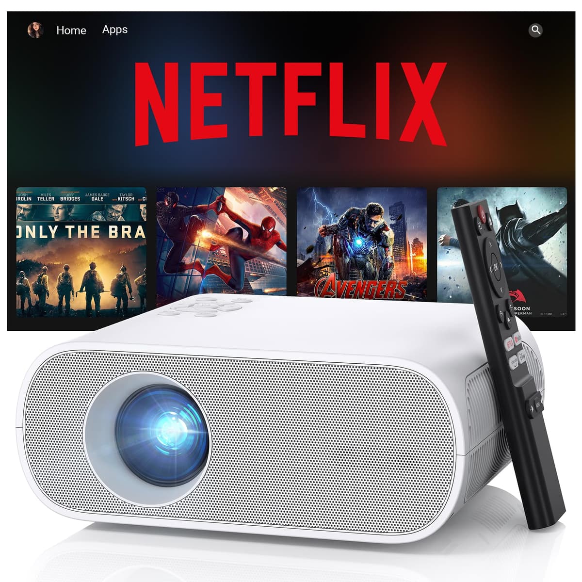 Proyector Inteligente 1500ANSI Compatible con Netflix, HOMPOW 4K Full HD para Cine en Casa con WiFi y Bluetooth, Apps y Altavoz Integrados, Enfoque Eléctrico para Exterior e Interior