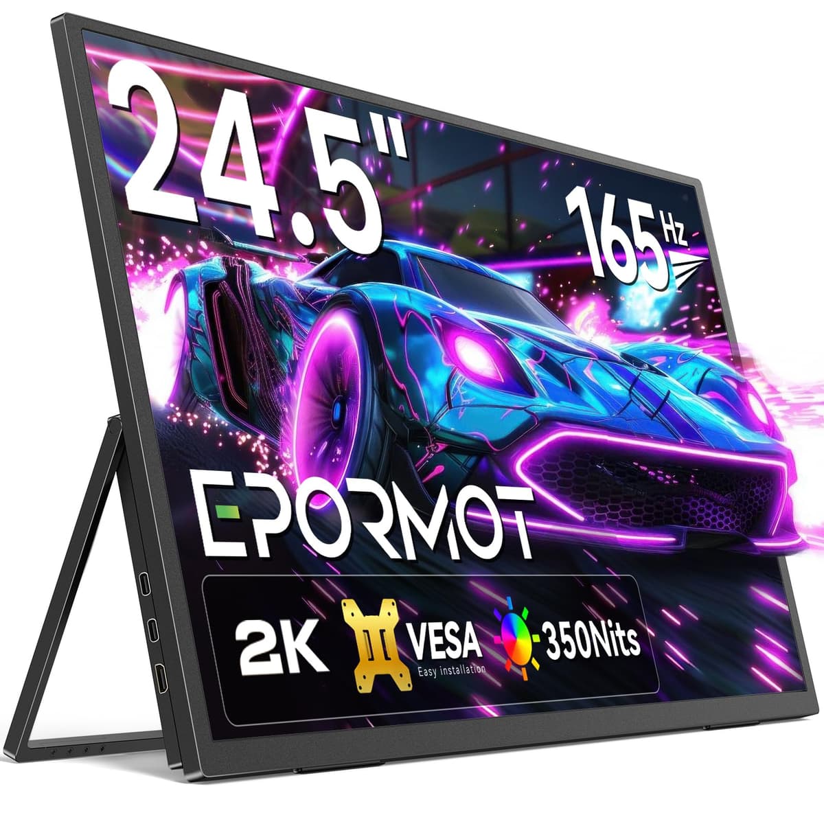 EPORMOT Monitor portátil 24.5” 165Hz, Monitor gaming portátil 2K con FreeSync, HDR, soporte ajustable 180° y VESA, 350 nits QHD IPS gran pantalla secundaria de viaje para laptop y consolas de juego 245t01