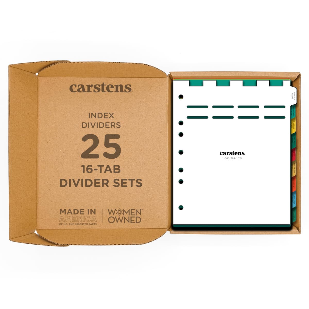 Juego de separadores de diálisis de plástico resistente Carstens, 16 pestañas, con cortes para pestañas de extracción, 2674-00, para carpetas de anillas laterales de 3 y 5 anillos, caja de 25 juegos 2674-00CS