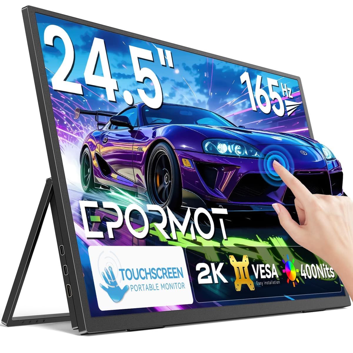 EPORMOT Monitor portátil táctil 24.5”, 2K 165Hz para gaming con FreeSync, 0.1 ms, soporte ajustable 180° y VESA, USB-C y HDMI, 400 nits IPS pantalla secundaria grande para viajes para laptop y consolas de juego 245T90US