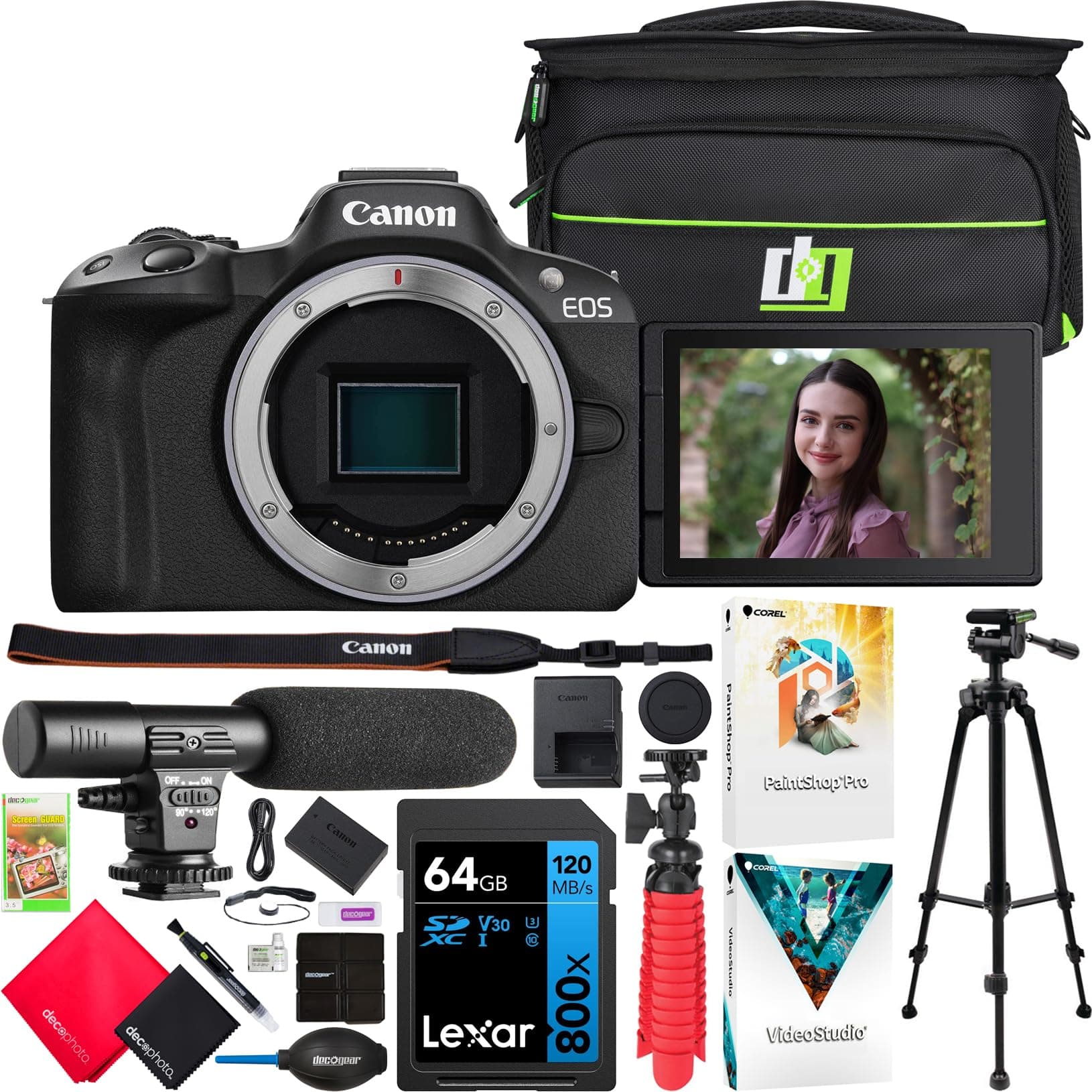 Canon EOS R50 Cuerpo mirrorless APS-C (negro) 5811C002 Bundle con bolsa, micrófono, trípode y accesorios E4CNEOSR50BODY