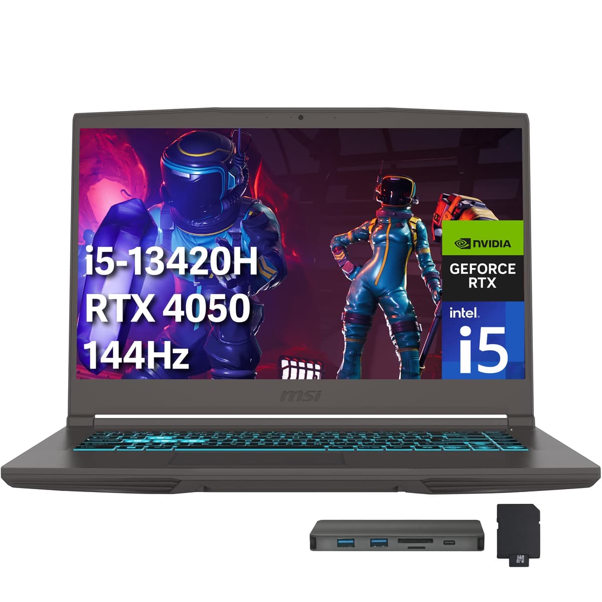 MSI Thin 15 15.6" FHD 144Hz Laptop para juegos, Intel i5-13420H, NVIDIA GeForce RTX 4050, 64GB RAM DDR4, SSD PCIe 2TB, Teclado retroiluminado, Wi-Fi 6E, Cámara web, Windows 11 Pro, Gris, Set de estación de acoplamiento 256GB