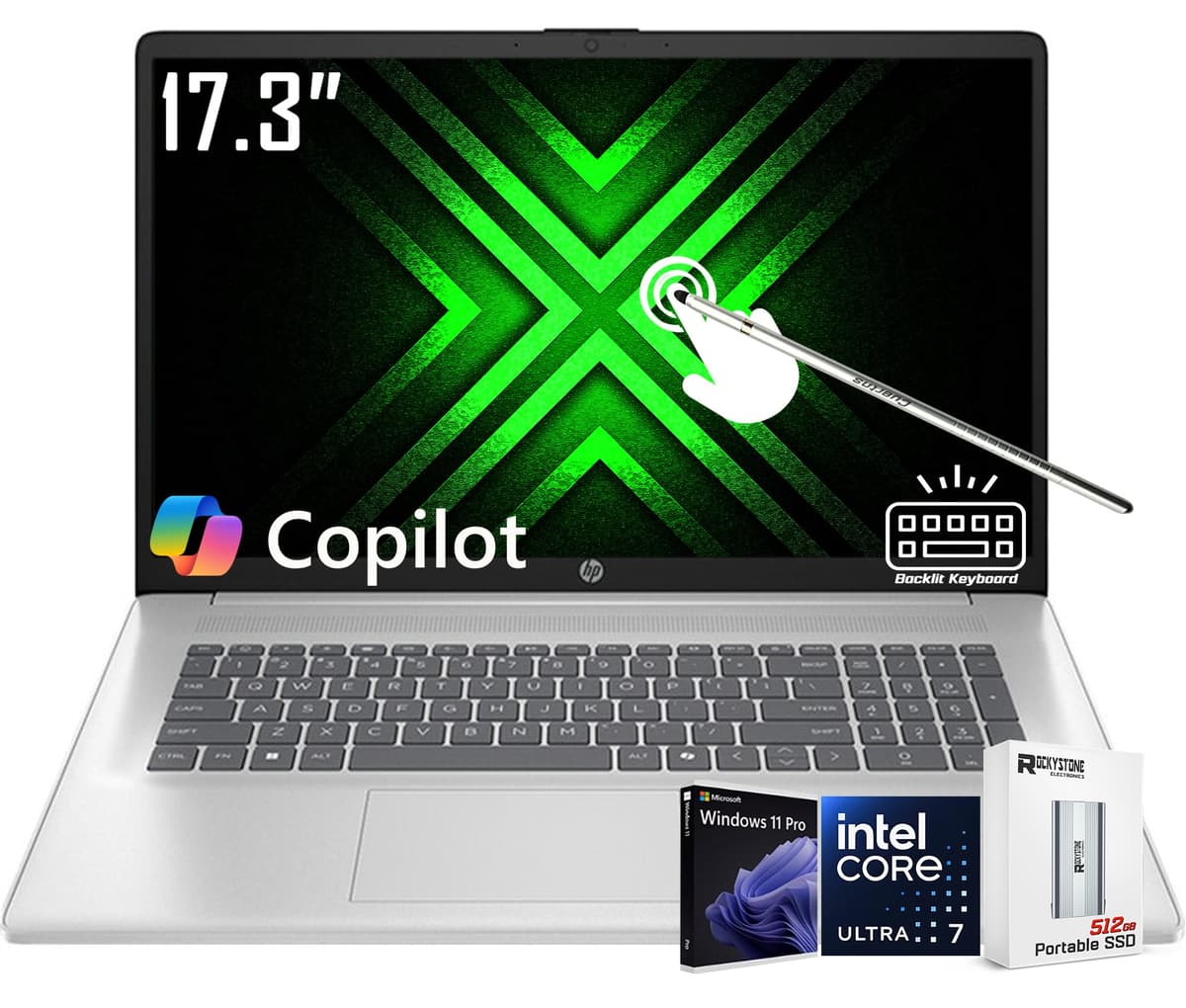 HP 17.3" HD+ Táctil, Intel Ultra 7 255U de 12 núcleos (mejor que Core 7 150U), NPU dedicada Intel AI Boost 12 TOPS, 32GB DDR5, SSD 2TB, Teclado retroiluminado, Wi-Fi 6, Windows 11 Pro, con SSD externo 512GB y lápiz táctil 17-cn