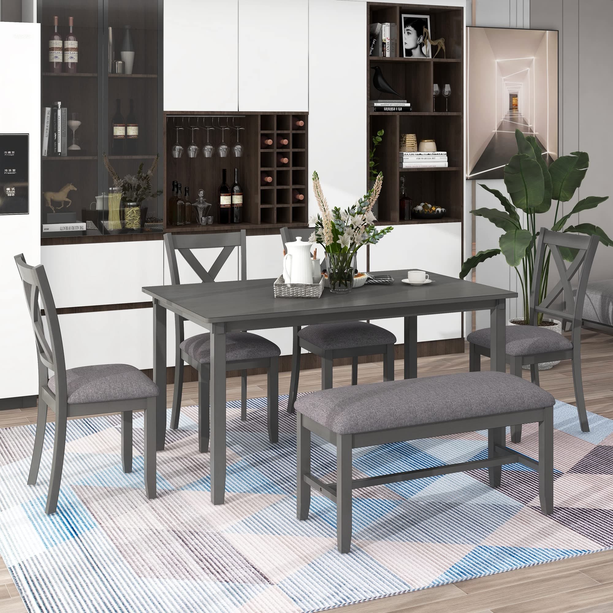 RUNWON Juego de comedor 6 piezas estilo rústico farmhouse con mesa rectangular y banco, color gris Dining Table Set
