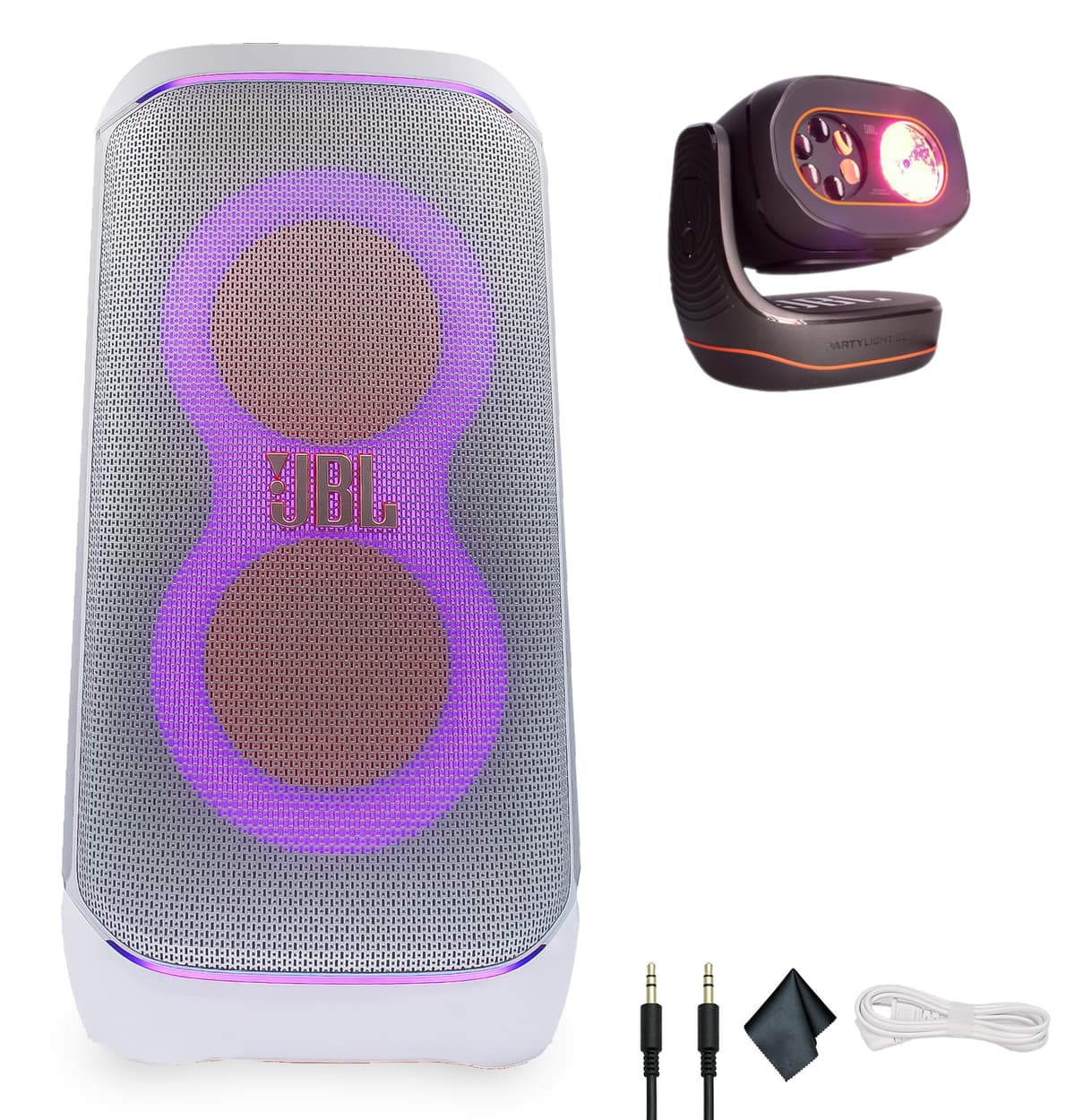 JBL PartyBox Club 120 Blanco - Parlante Portátil Inalámbrico Resistente a Salpicaduras de 160W + Foco de Luces para Fiesta + Cable AUX + Paño de Microfibra JBLPARTYBOX120WHPB_EDI_1