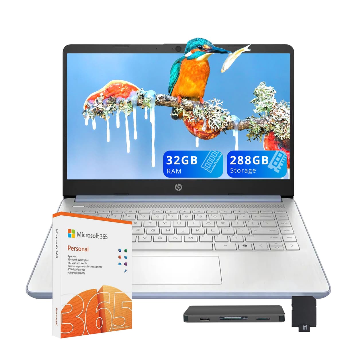 HP Stream 14" HD Laptop, Procesador Intel N150, 32 GB de RAM, 288 GB de almacenamiento (128 GB UFS + estación docking SSD de 160 GB), Gráficos Intel UHD, Webcam HD, WiFi, Bluetooth, 1 año de Office 365, Windows 11 S, Azul