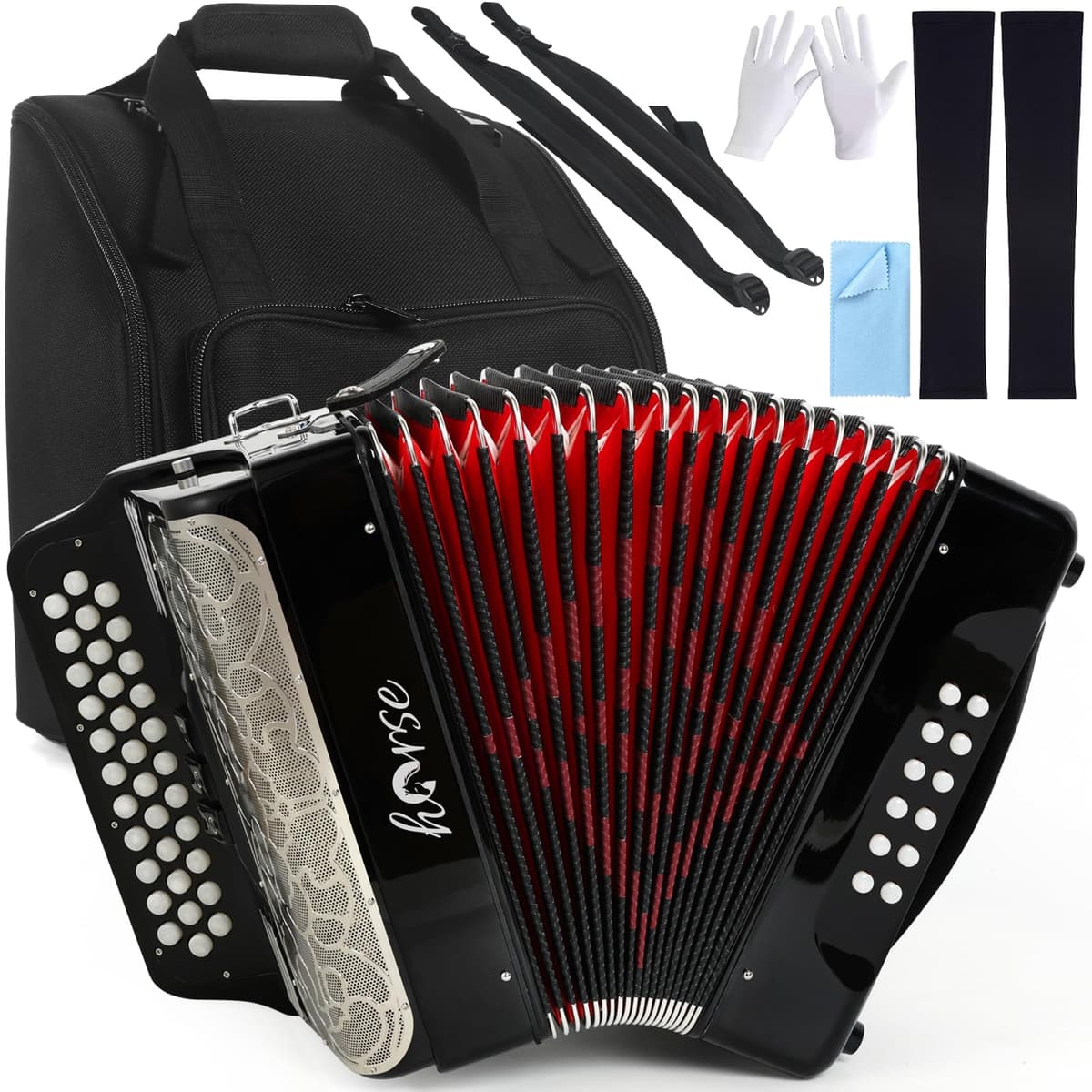 Acordeón Horse MI3948G 34 teclas 12 bajos, tonos F/B/E, incluye estuche y accesorios
