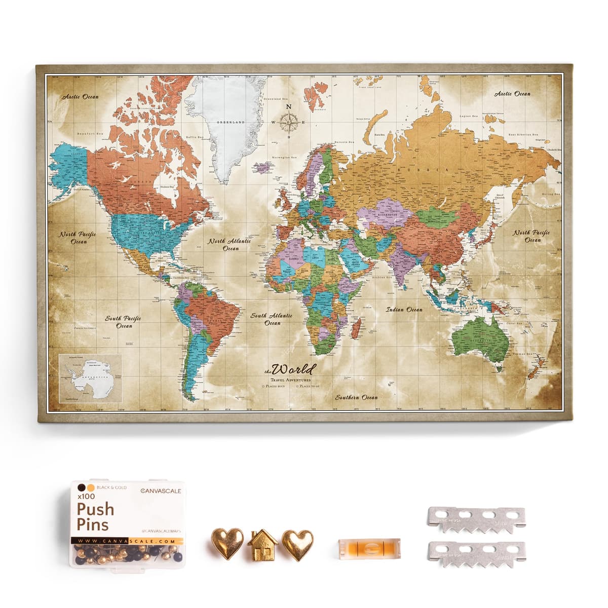 CANVASCALE Canvas World Map con Corcho para Pins - Decoración de Pared (150x100 cm, Patrón 3) world_map_new_150x100_3