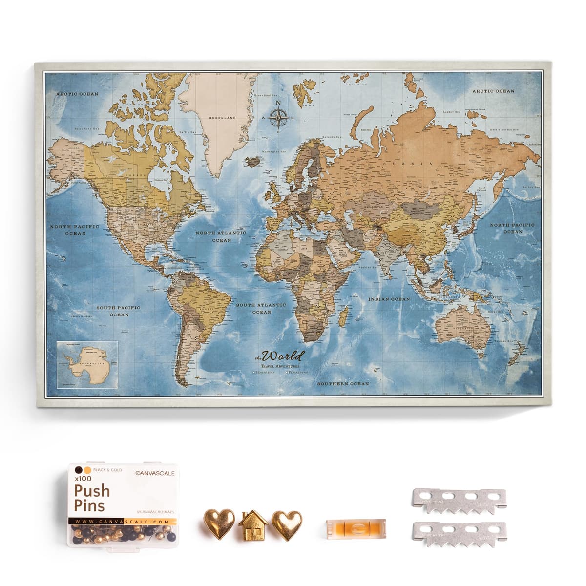 CANVASCALE Mapa mundial en lienzo con tablero de corcho para pines (150x100 cm, Patrón 15) world_map_new_150x100_15