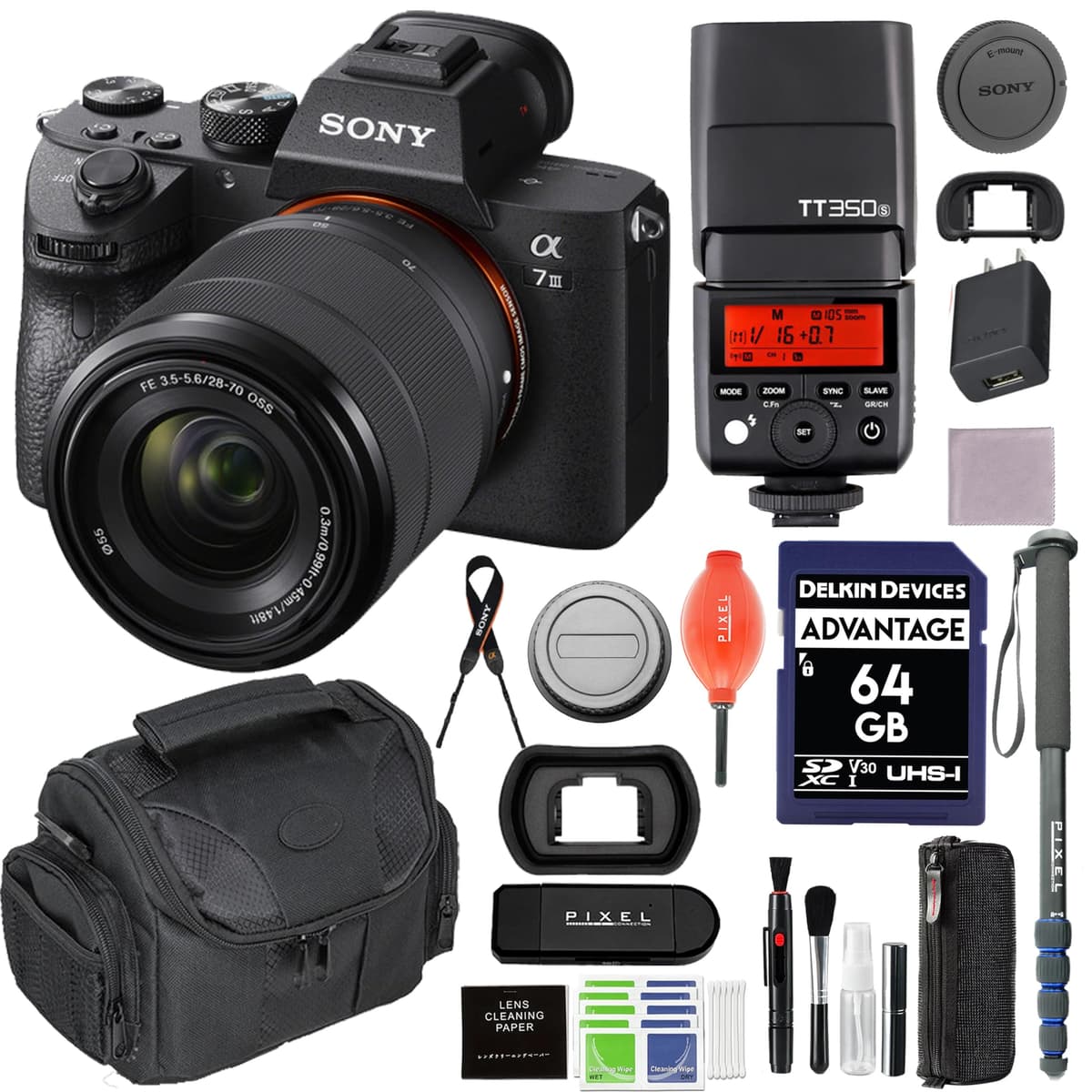 Sony a7 III (ILCE7M3K/B) Bundle con 28-70mm, 64GB SD, Flash GODOX, bolsa, monopod y más SON-ILCE7M3K/B